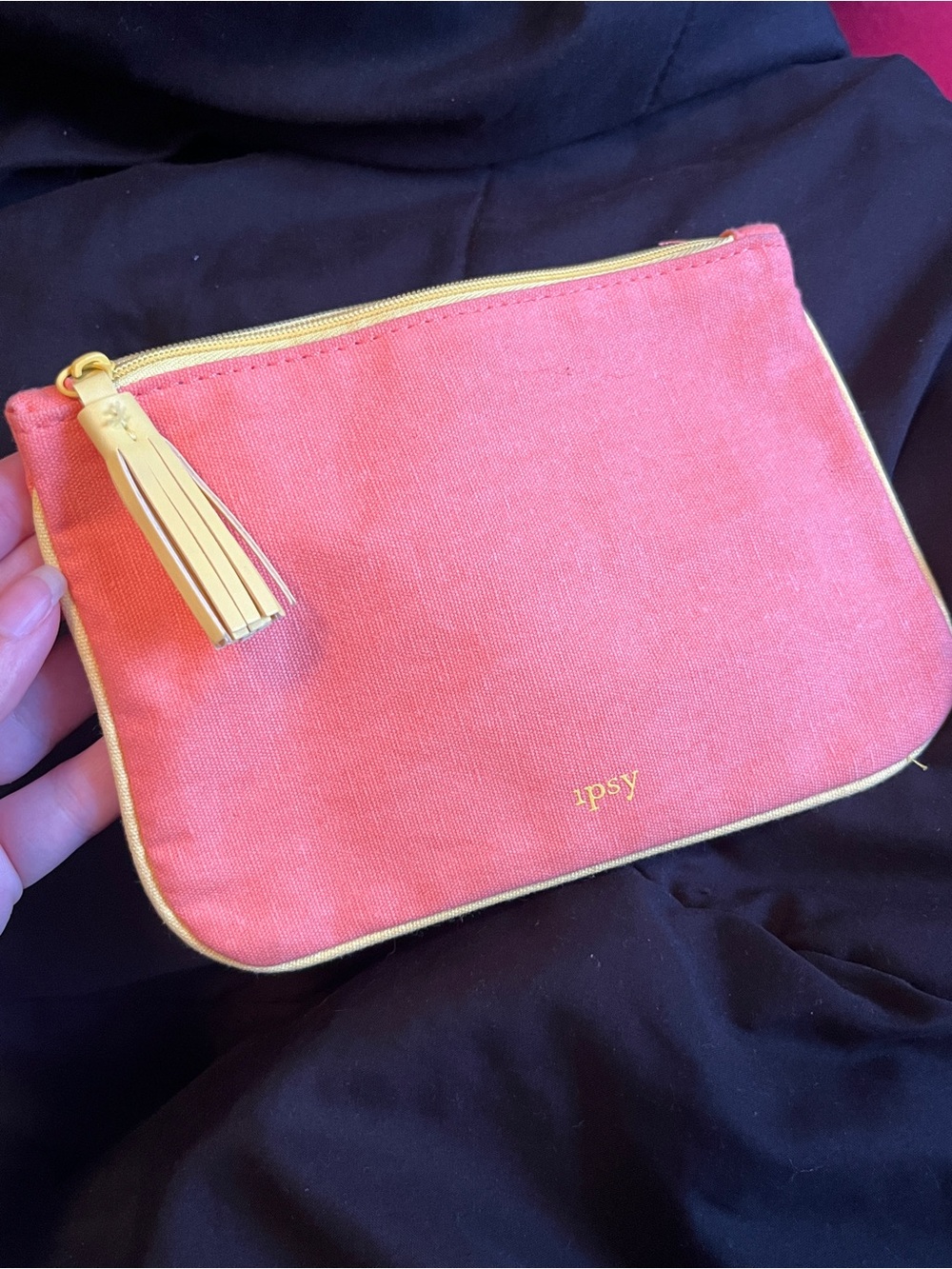 ipsy Peach Canvas Cosmetic Pouch with Yellow Trim